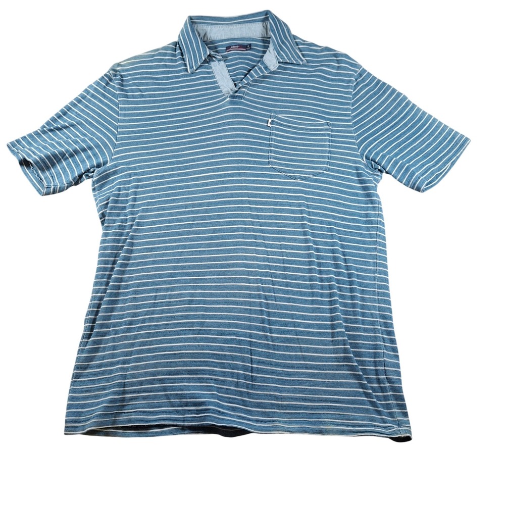 Johnnie-O Mens Blue White Striped Short Sleeve V-Neck Pocket Polo Shirt Size M